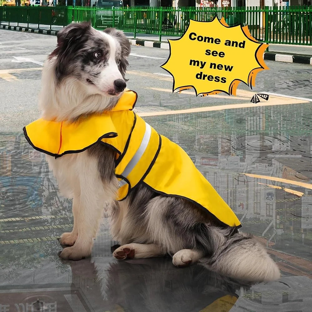 Dog Raincoat Waterproof Hooded, Reflective Stripes Leash Hole Adjustable Fit Lightweight Durable