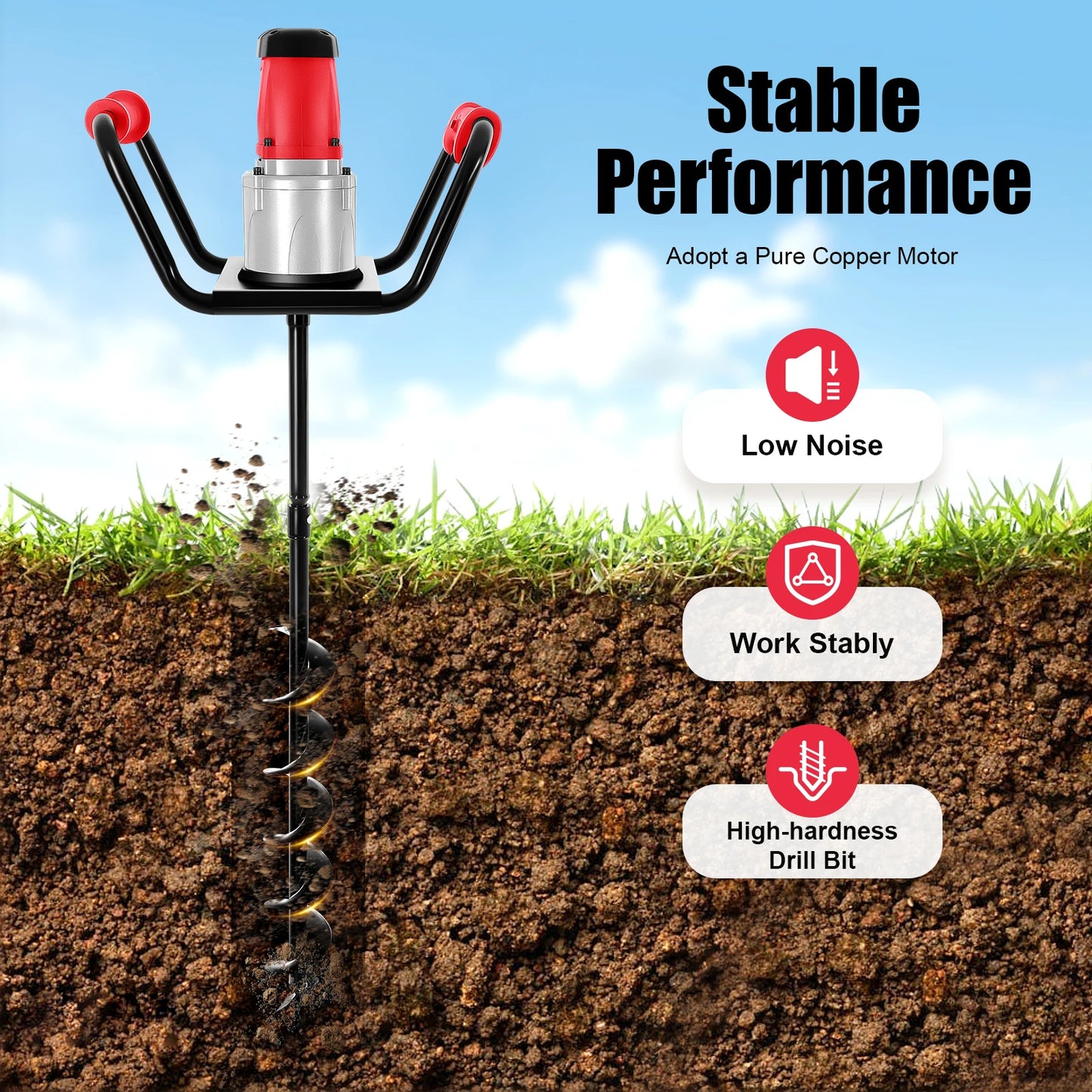 1.6HP Post Hole Digger – Powerful Soil Drill with Auger & Extension Rod for Fences, Trees, Shrubs