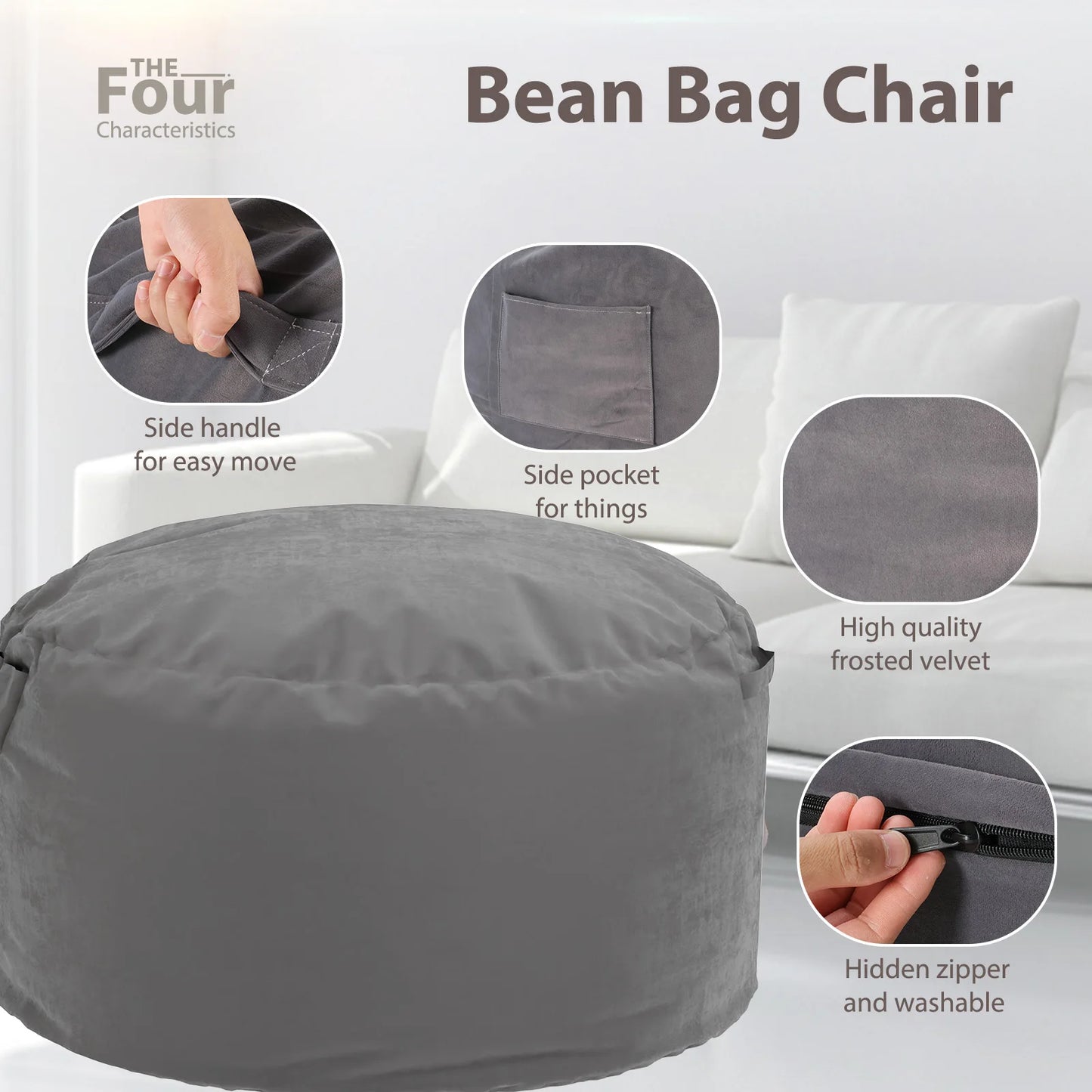 Oversized 3/4FT Bean Bag Chair, Reading Foam Filled Couch,Removable Cover inside Furniture