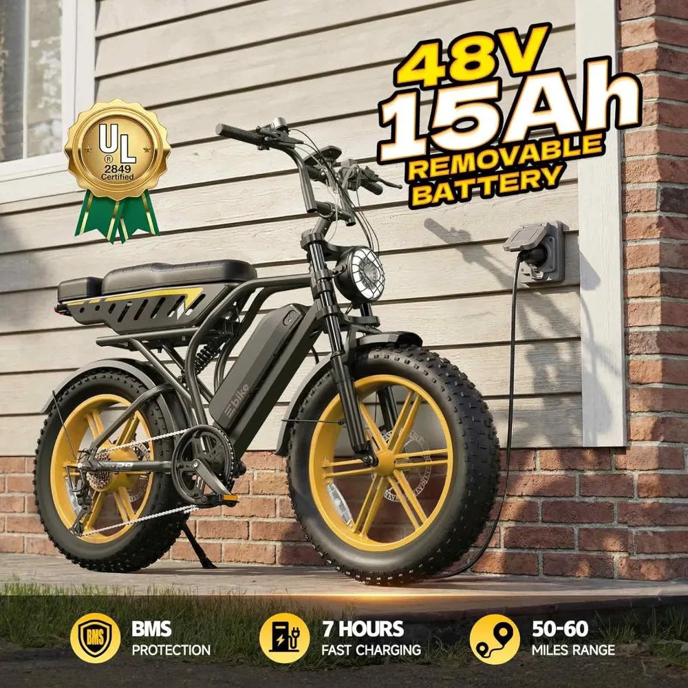 E-Bike Adults 1500W Peak 20" Fat Tire All-Terrain 60/130 Miles 28 MPH Dirt Bike - 48V 15/30 AH