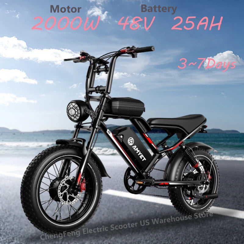 Ebike S8 2000W dual motor 48V 25AH 20-inch fat tires, front, rear shock absorption, with pedals.
