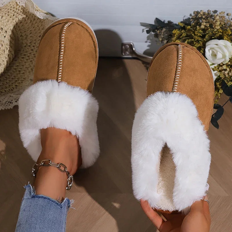 2025 Winter Warm Flat Fur Slippers Women Faux Suede  Slides Comfort Non Slip Indoor FloorCotton