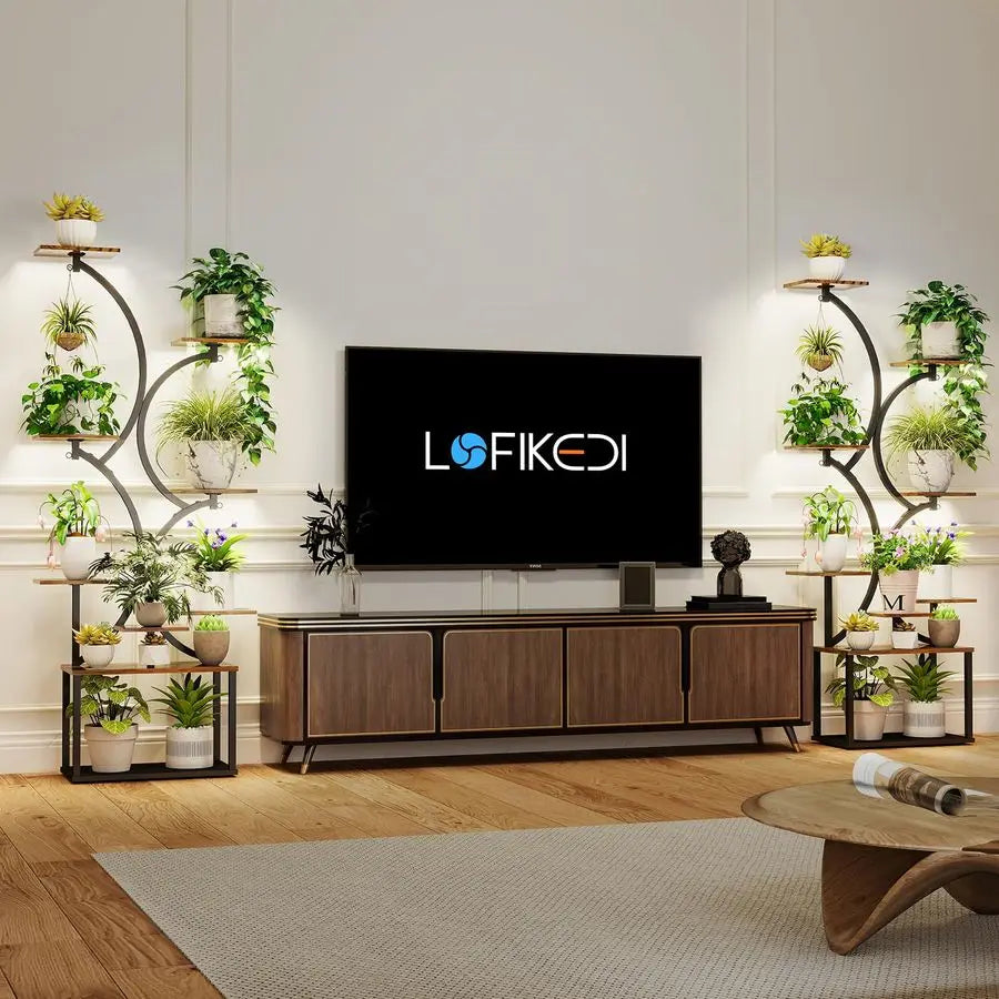 indoor,Grow Lights, 64 Tall 9Tier SShaped Modern Plant Shelf,Rustic Wood Boards, Decorative Metal
