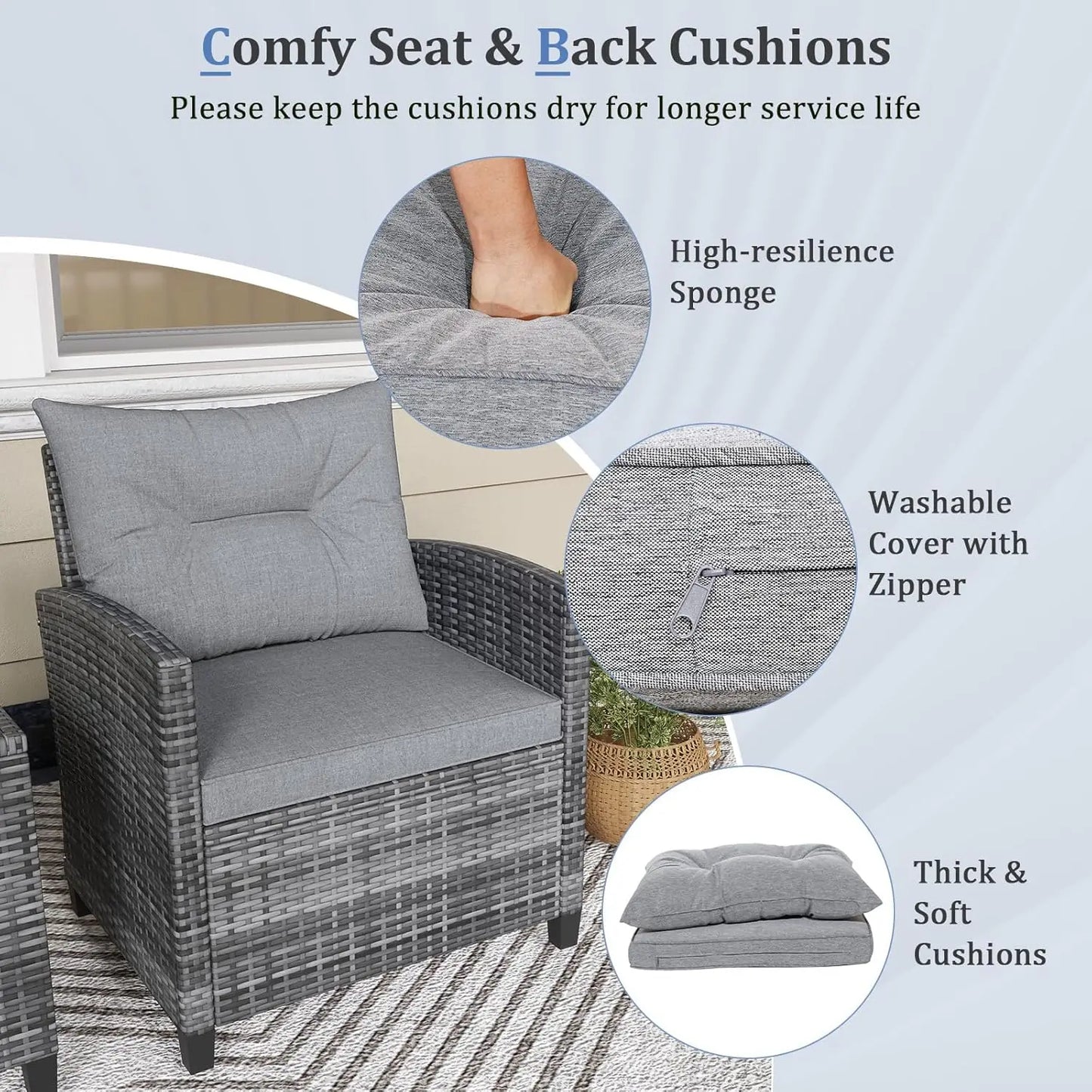 3 Piece Furniture Set, Outdoor Rattan Conversation Set Washable Cushions & Tempered Glass Tabletop