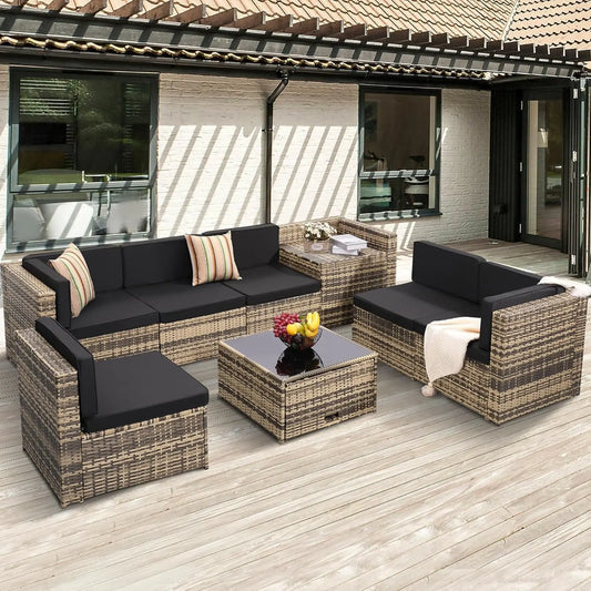 8 Pieces Outdoor Wicker Rattan Set, Glass Top Table with Hidden Storage, 7 Sofa Sections.