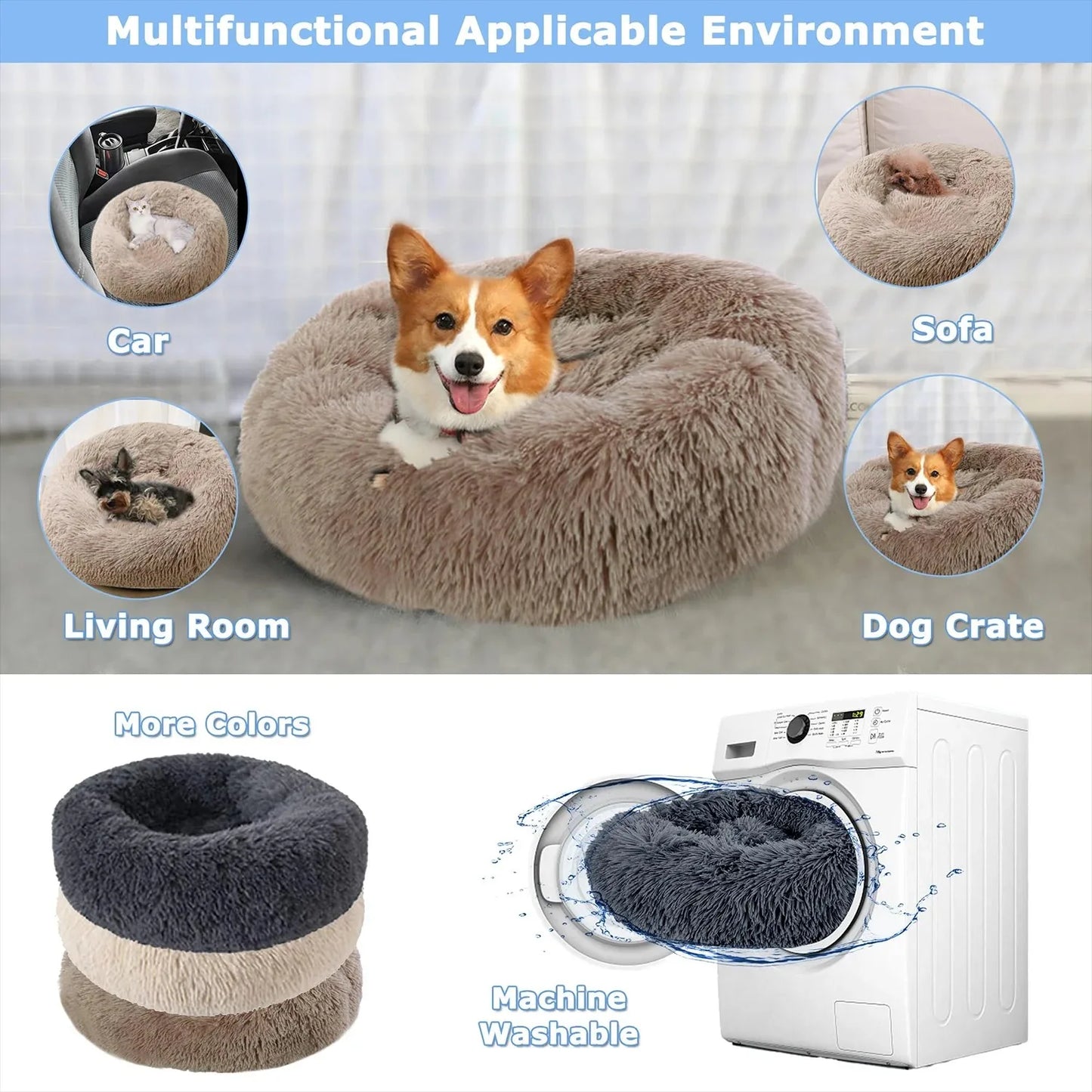 Round Dog/ Cat Bed Plush Basket Washable Pet Bed for Small Medium pet