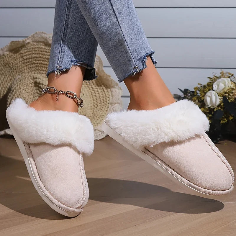 2025 Winter Warm Flat Fur Slippers Women Faux Suede  Slides Comfort Non Slip Indoor FloorCotton