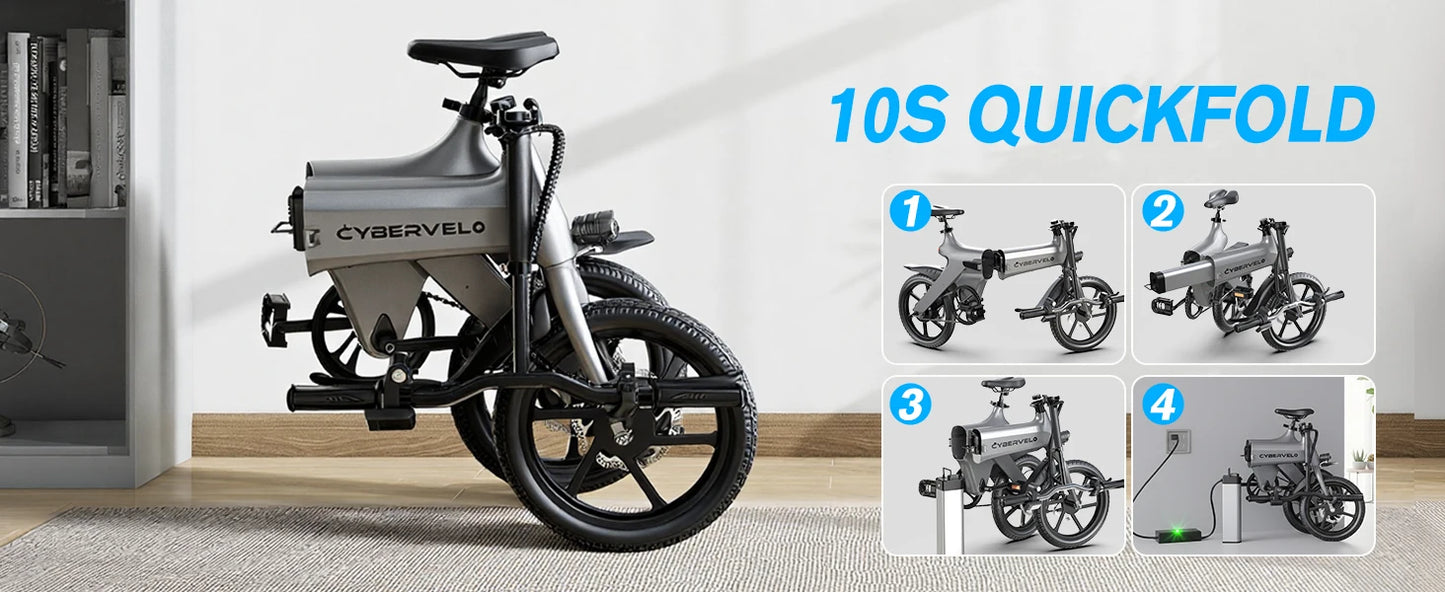 Cybervelo 500W Peak Motor, Foldable E-Bike,City 20MPH Ultra light weight Long Range Commuter