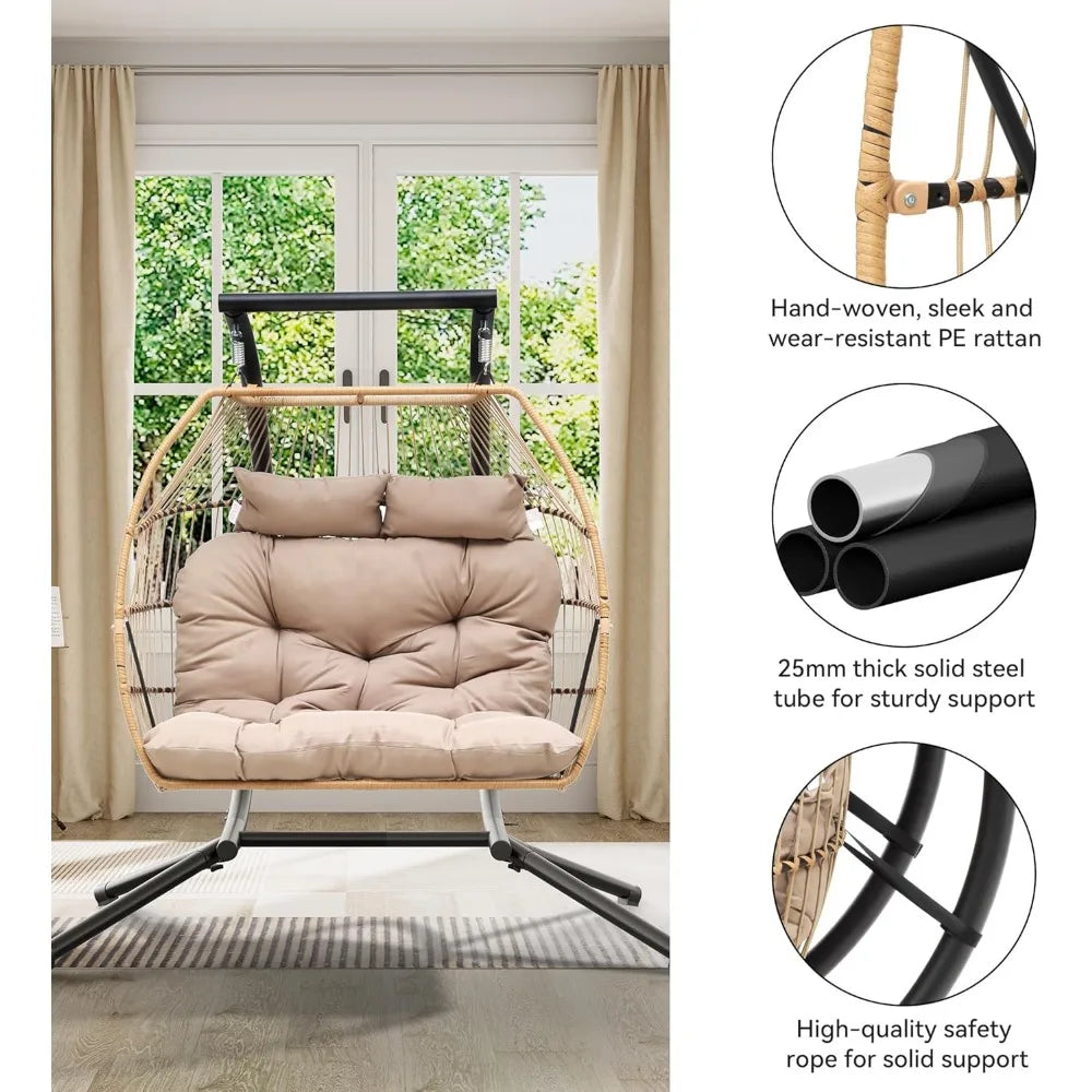 2 Person Hanging Egg Swing Chair,W/Stand, Wicker Indoor Outdoor Hammock, Cushions 550lbs, Patio