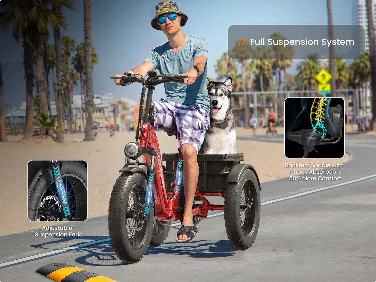 Husky Electric Trike, Adult 960W Peak Motor 60 Miles Range, 500 Lbs Load E-Trike 2-Year Warranty