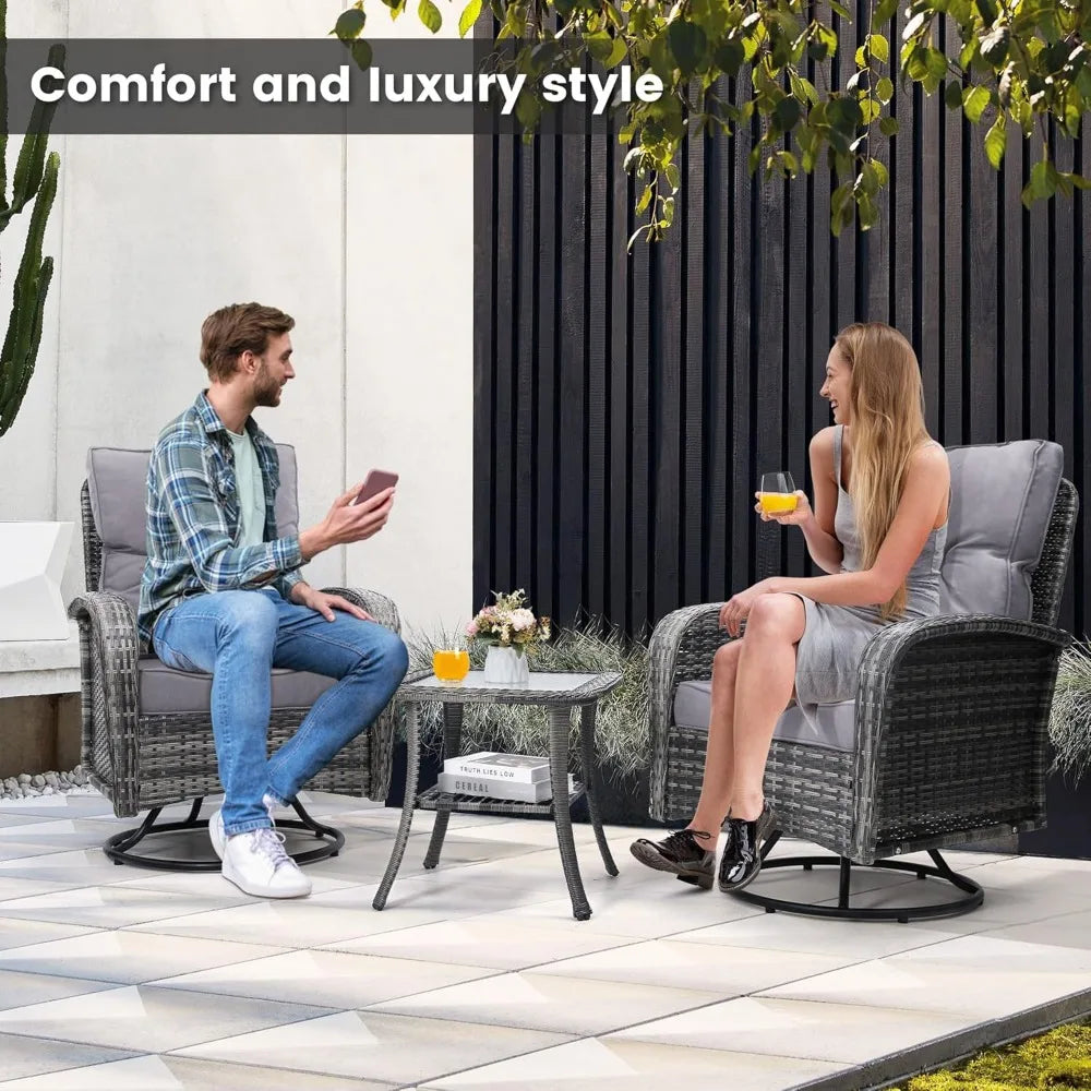 2 Luxury Outdoor Swivel Wicker Glider Chairs, Table, Overstuffed Washable Cushions,  Porch,Deck