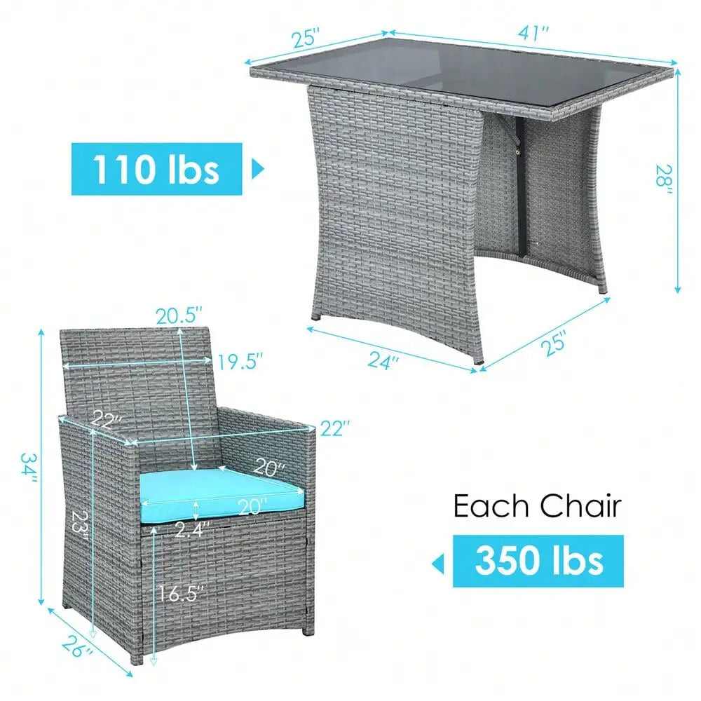 3PCS Outdoor Rattan Conversation Set Patio Dining Table Set w/ Turquoise