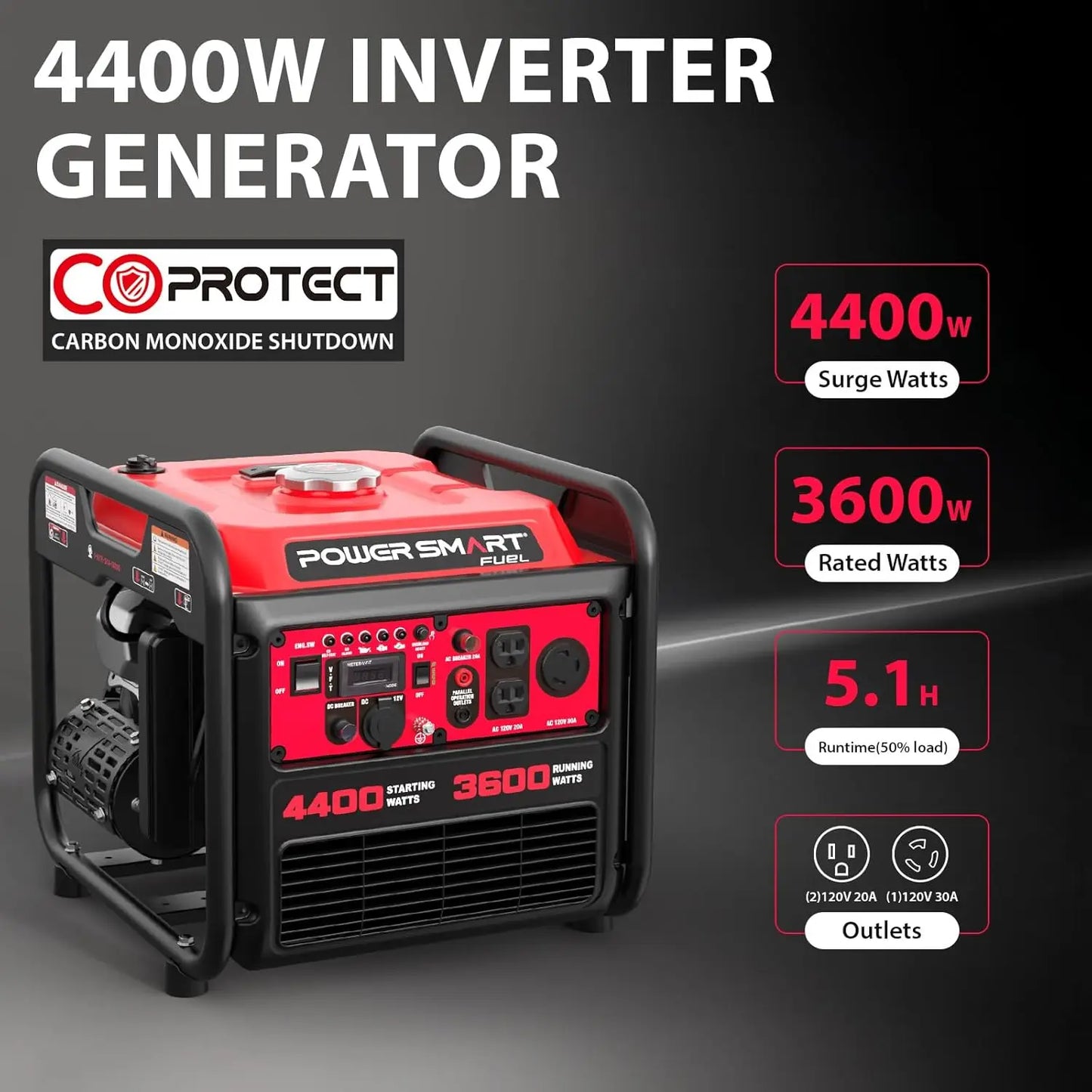 4400W Portable Inverter Generator, GAS Power, CO Sensor, Quiet-Lightweight,Home Backup, RV NOT SOLAR