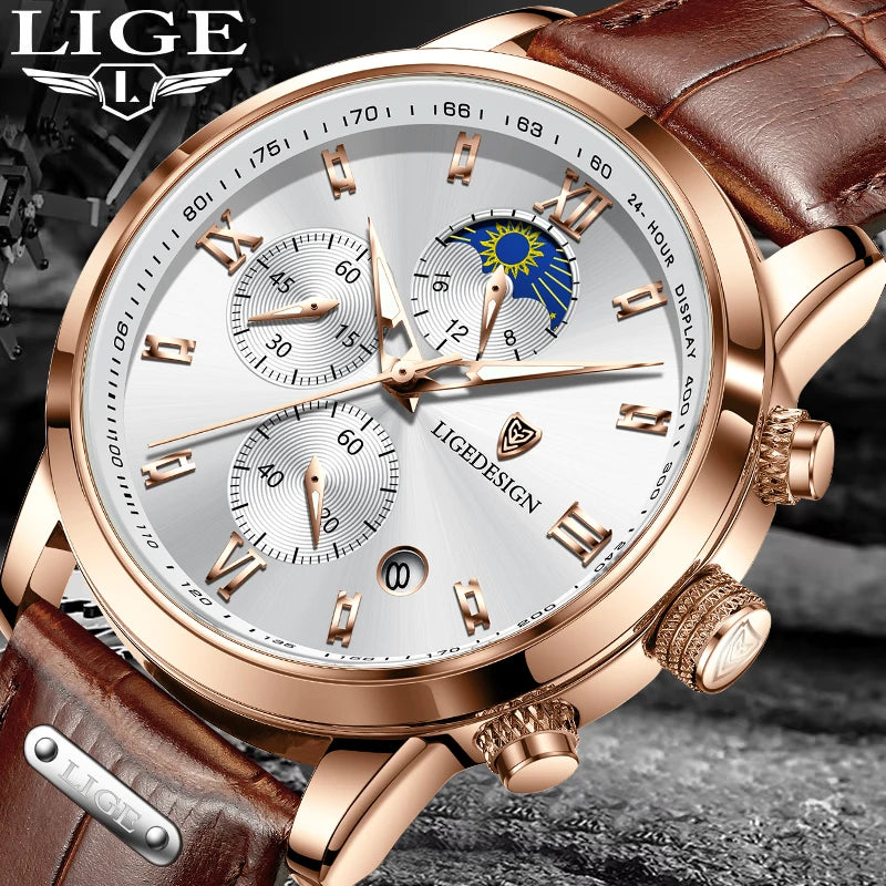 LIGE Business Watch Men Fashion Leather Military Waterproof Mn's Quartz 24 Hour Moon Phase