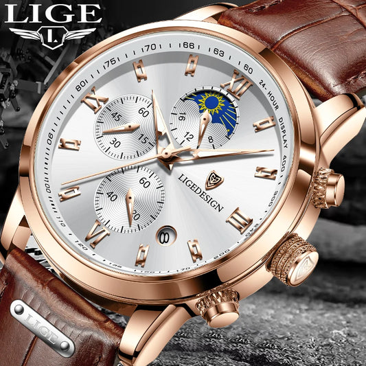 LIGE Business Watch Men Fashion Leather Military Waterproof Mn's Quartz 24 Hour Moon Phase