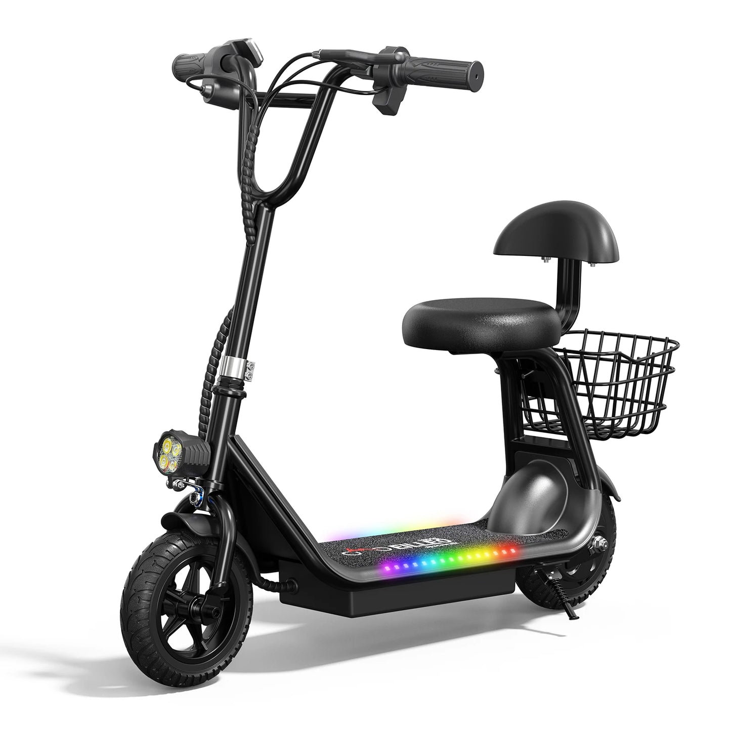 Kids E-Scooter, Blue tooth Speaker Foldable Design Seat, Basket LED Light Strip 11MPH Speed 132lbs