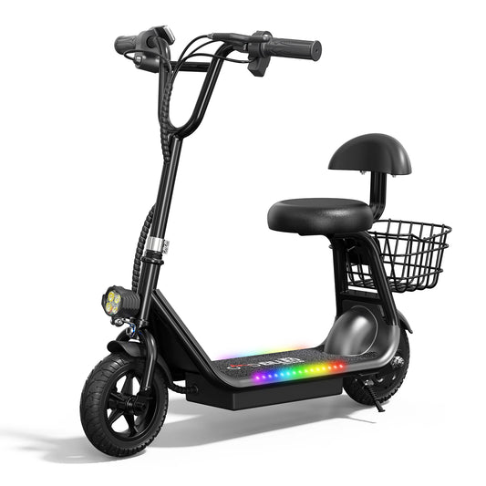 Kids E-Scooter, Blue tooth Speaker Foldable Design Seat, Basket LED Light Strip 11MPH Speed 132lbs