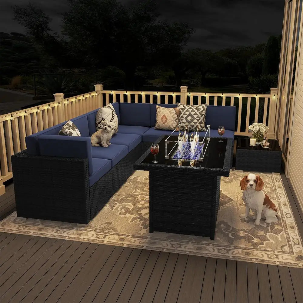 8-Piece Outdoor Wicker Sofa Set with Propane Fire Pit Table