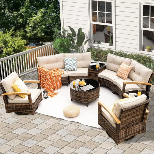 9 Piece Outdoor Patio Furniture Set, Half-Moon Curved Sectional Sofa Rattan Patio Conversation
