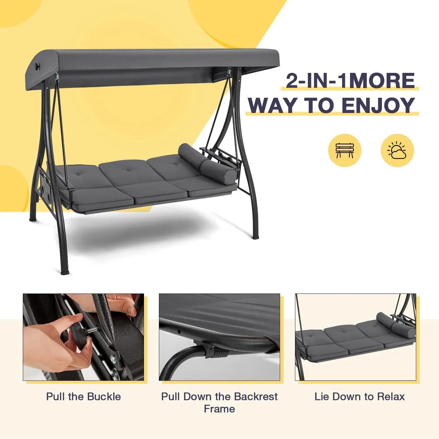 3 Person Outdoor Porch Swing,1.5" Upgraded Cup Holder, Adjust Canopy, Backrest, Patio Swing Bed