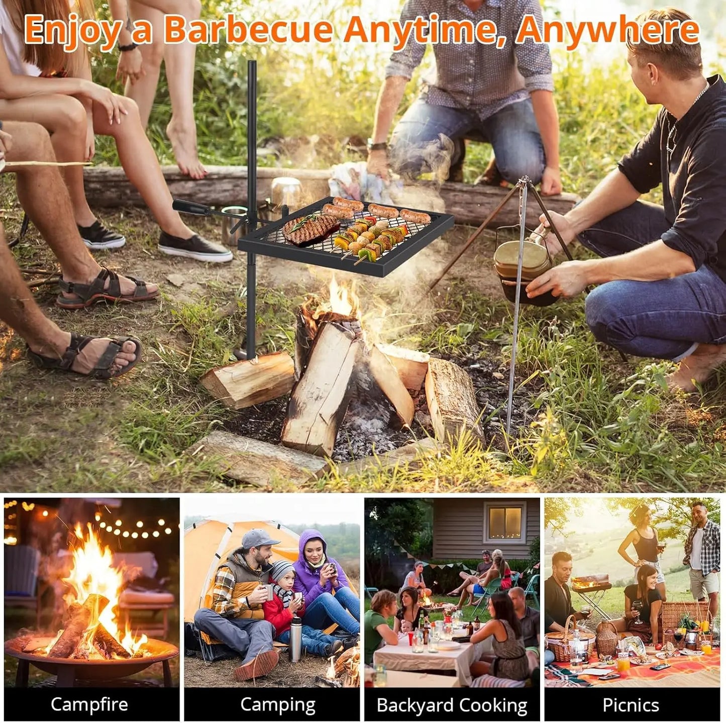 Swivel Campfire pit Grill, Carrying Bag Heavy Duty Steel Gratee Over open Fire Pits 360° Adjustable