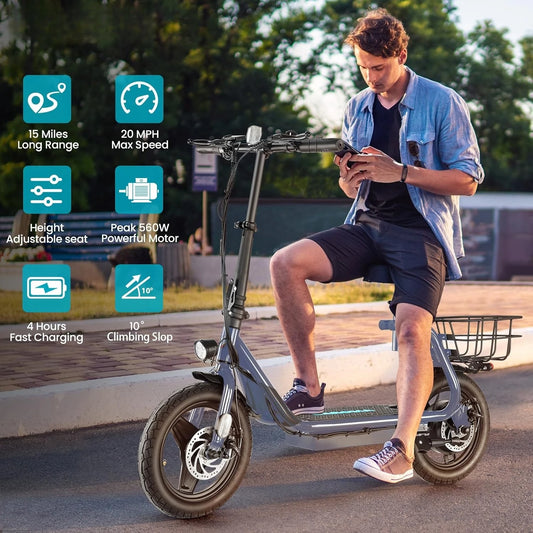 Peak 560W Electric Scooter 14" Tire, 20MPH Top Speed, 15Miles Range, Max Load 300LBS,Fold +Seat