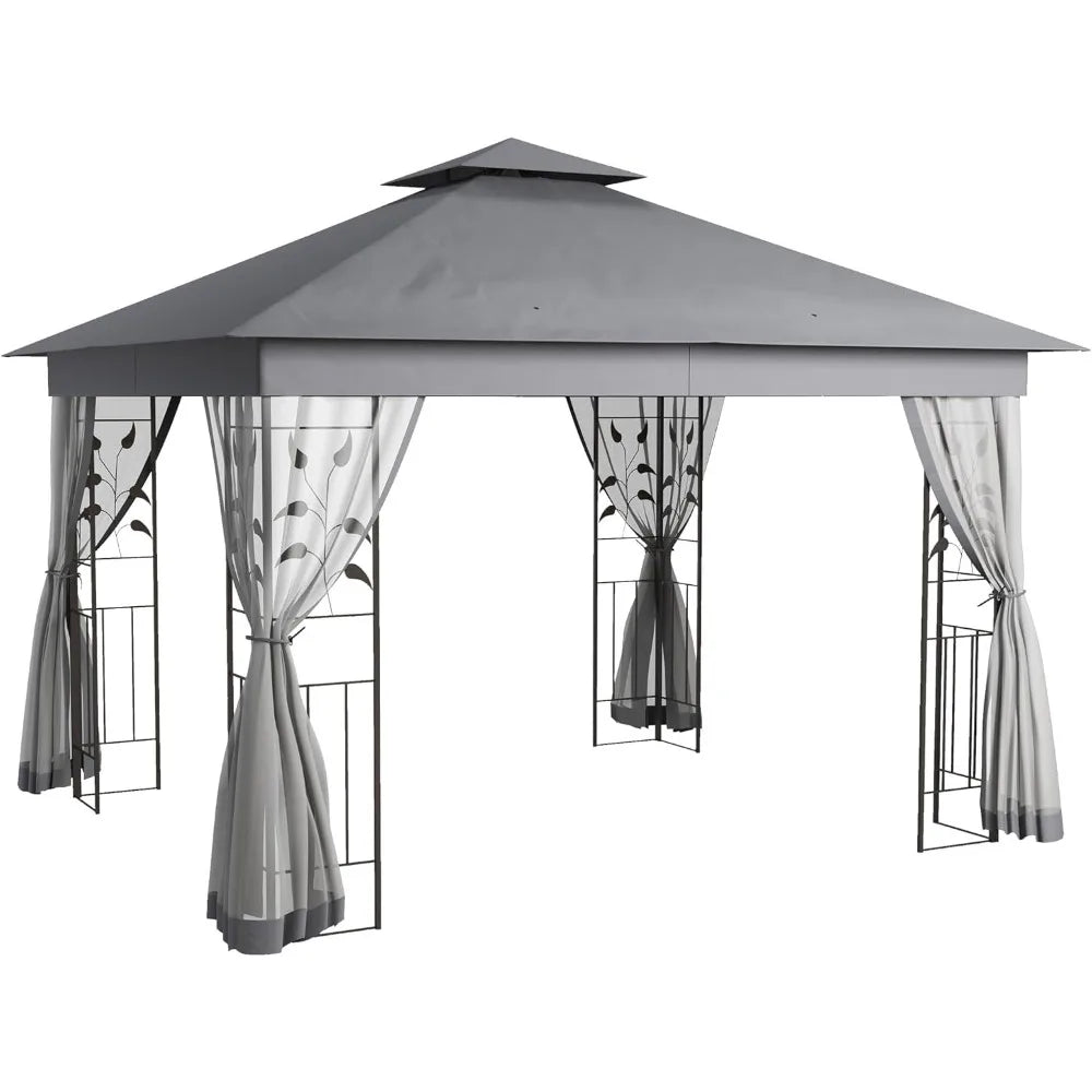 10' x 10' Metal Patio Gazebo, Double Roof Outdoor Canopy Shelter with Tree Motifs Corners,Netting,