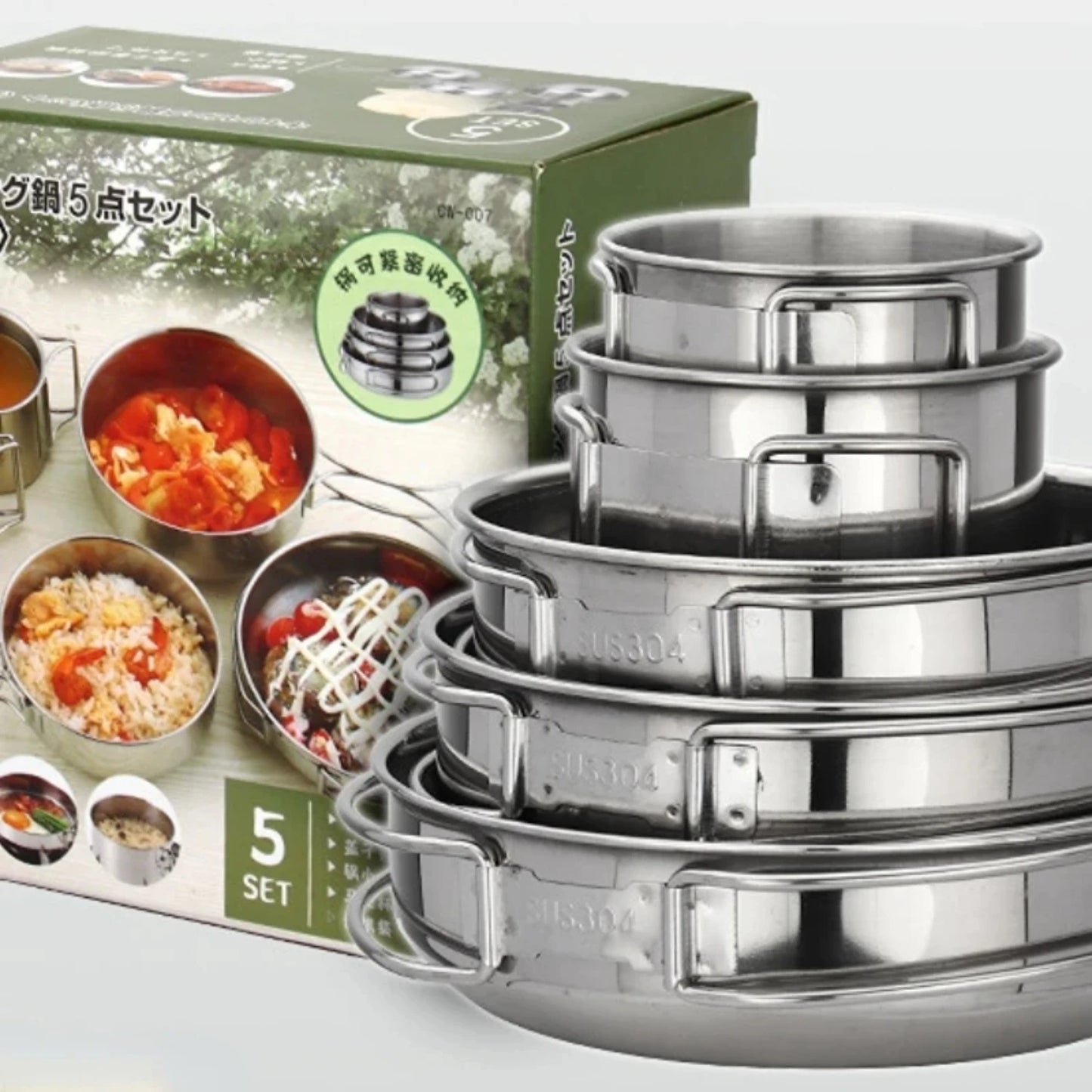 5pcs Camping Pot Set 304 Stainless Steel Kit Cooking Set