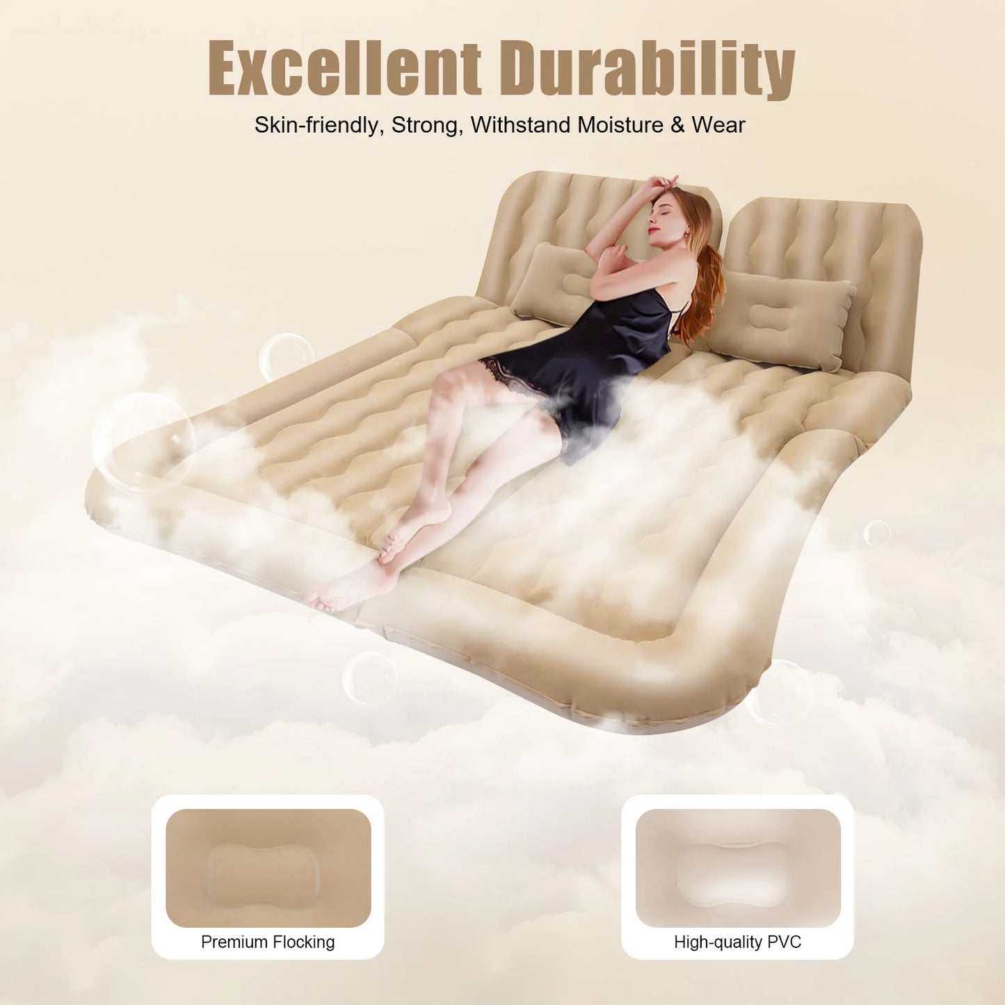 Inflatable Bed with Headrest Foldable PVC Travel Mattress Picnic Camping Flocking Soft Sleeping Cushion