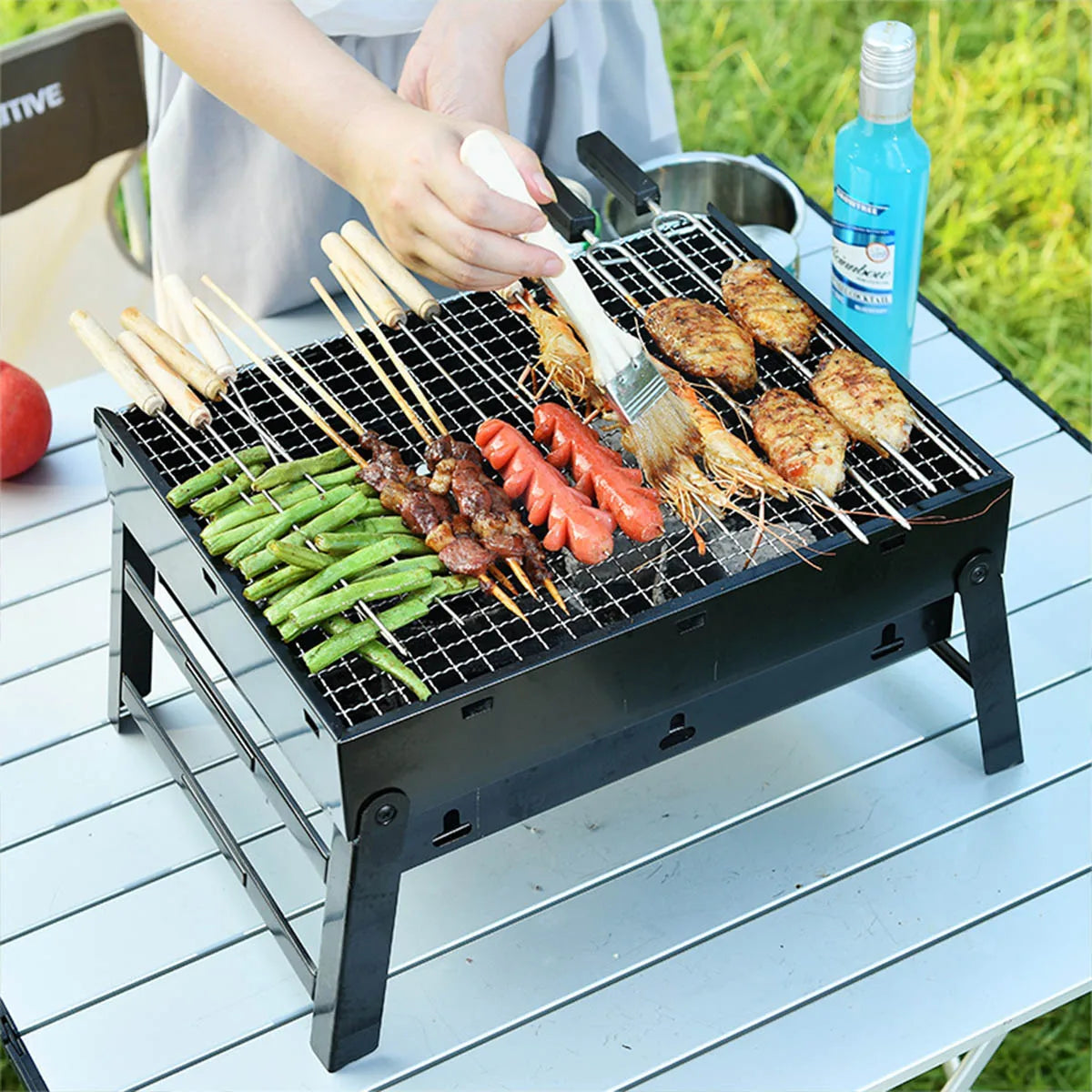 Portable BBQ Charcoal Grill Stainless Steel Small Mini BBQ Tool Kit Camping Picnic Beach
