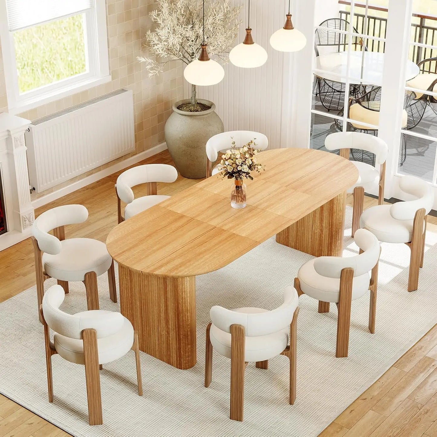 Extendable Oval Wooden Dining Table Seats 4-8 Curved Fluted Base 90in White Oak 4 Panels