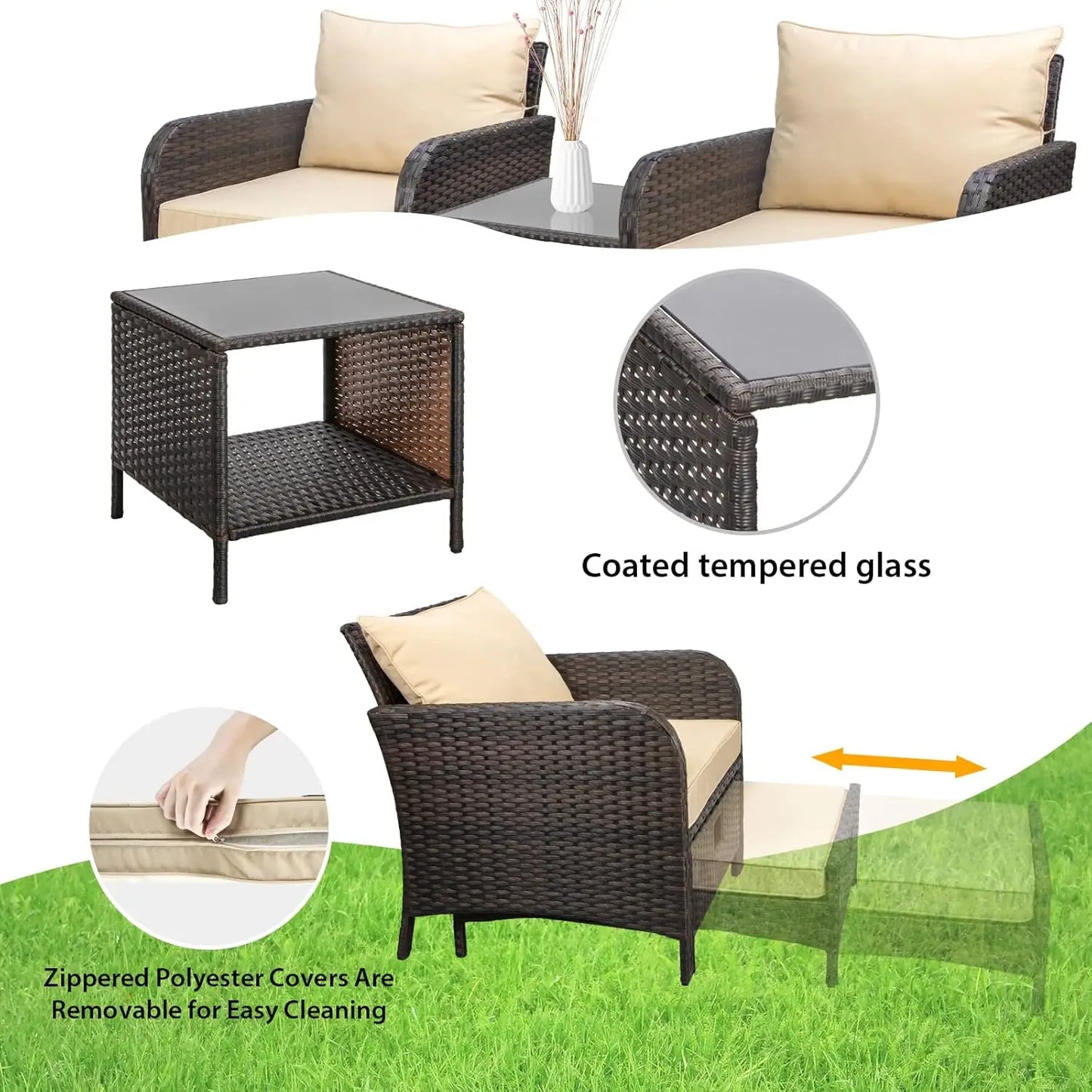 Balcony Furniture 5 Piece Patio Conversation Set, PE Wicker Rattan .Soft Cushions 2, Customized
