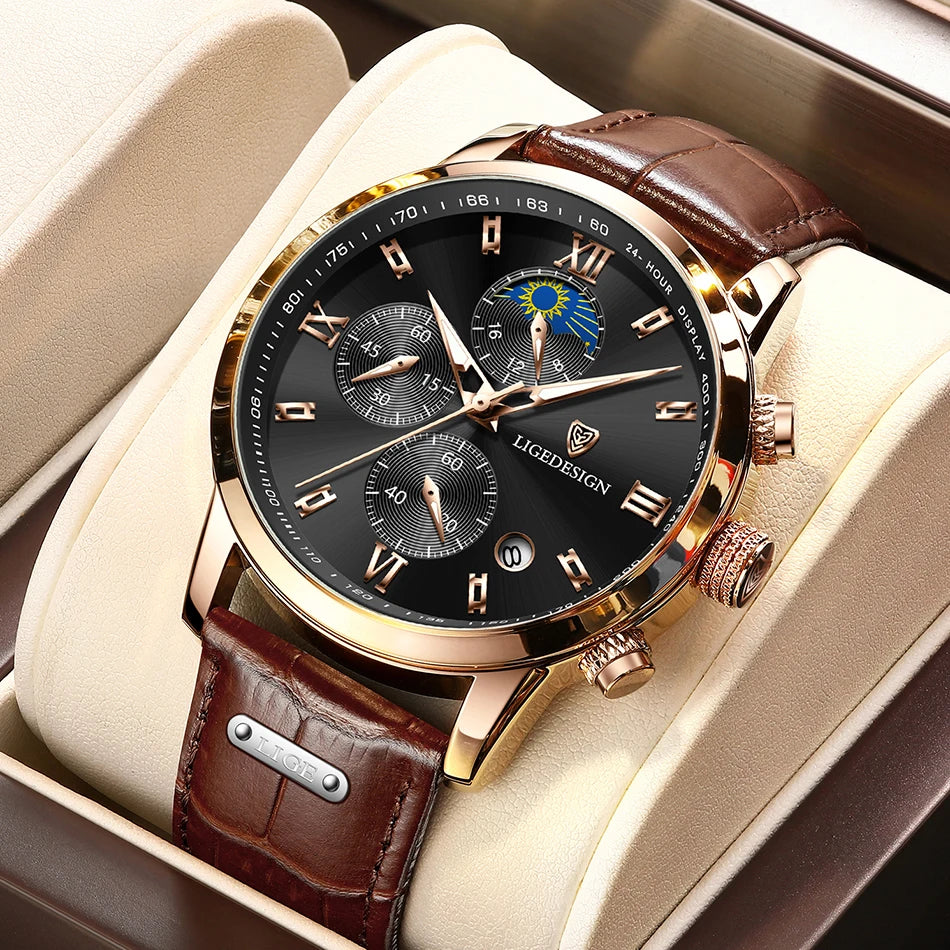 LIGE Business Watch Men Fashion Leather Military Waterproof Mn's Quartz 24 Hour Moon Phase