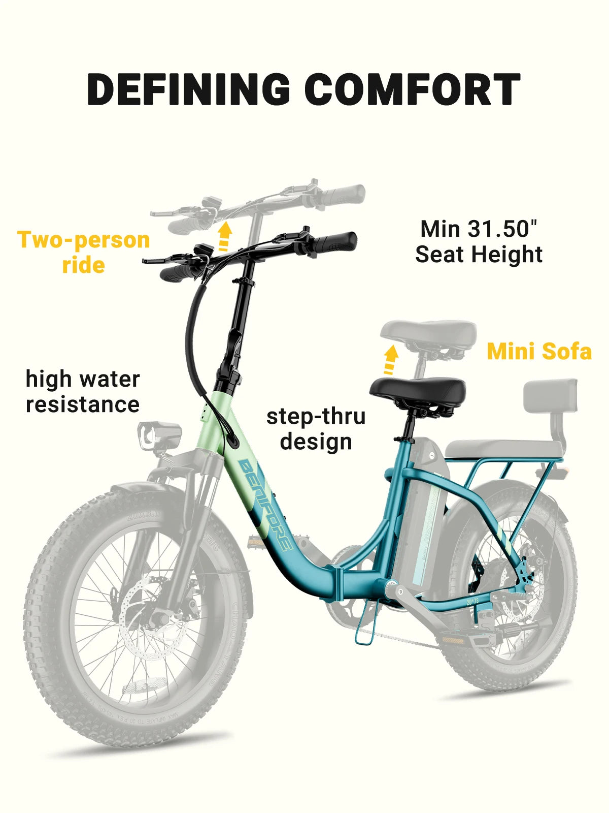 City E-Bike 750W Motor 48V15AH Battery, Seat Back + Footrest Electric Bike 26*3.0-inch Fat Tire