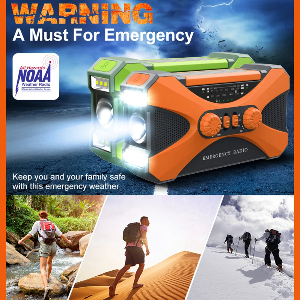 10000mAh charger High Capacity Emergency Radio Solar Hand Crank LED Flashlight SOS Alarm Survival