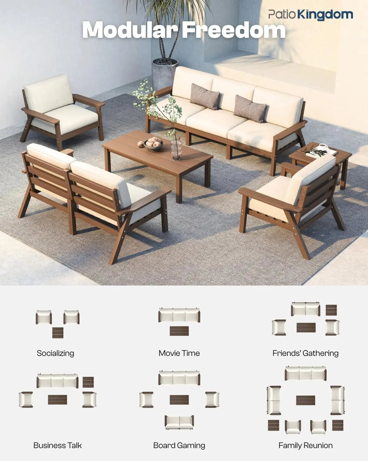 Patio Set 8 Seats, Outdoor Sectional, Beige Washable Thick Cushions, Coffee Table, Patio