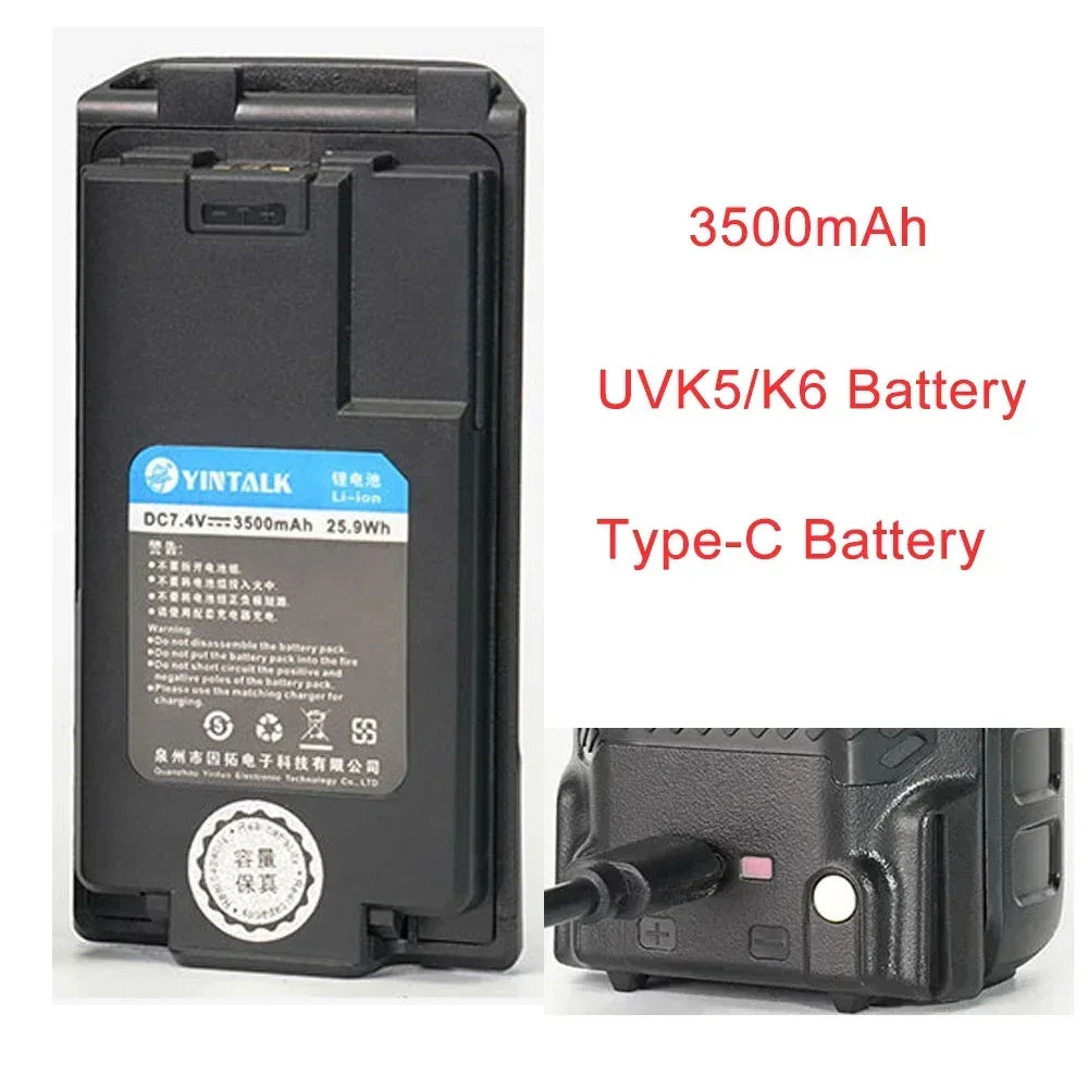 Quansheng UV-K5 K6 Walkie Battery 2000/2600/3500mAh Type-C Charge High Capacity Radio Rechargable