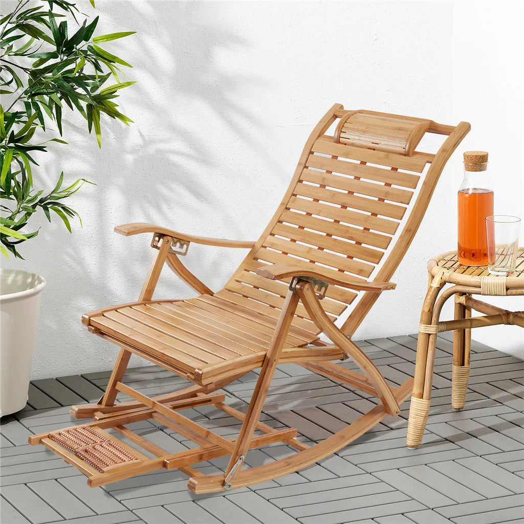 Heavy Duty Bamboo Rocking Chair Adjustable Lounge Recliner Leisure Living Room,covered deck