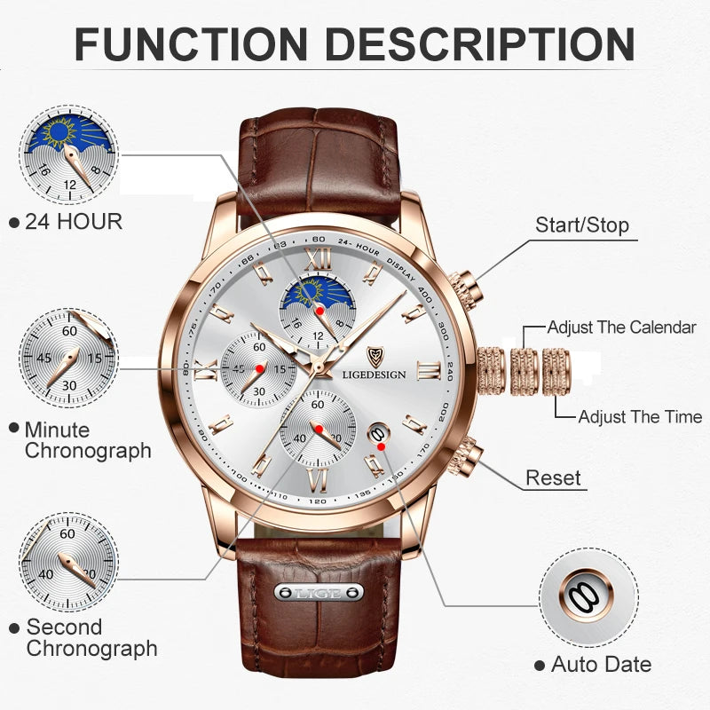 LIGE Business Watch Men Fashion Leather Military Waterproof Mn's Quartz 24 Hour Moon Phase