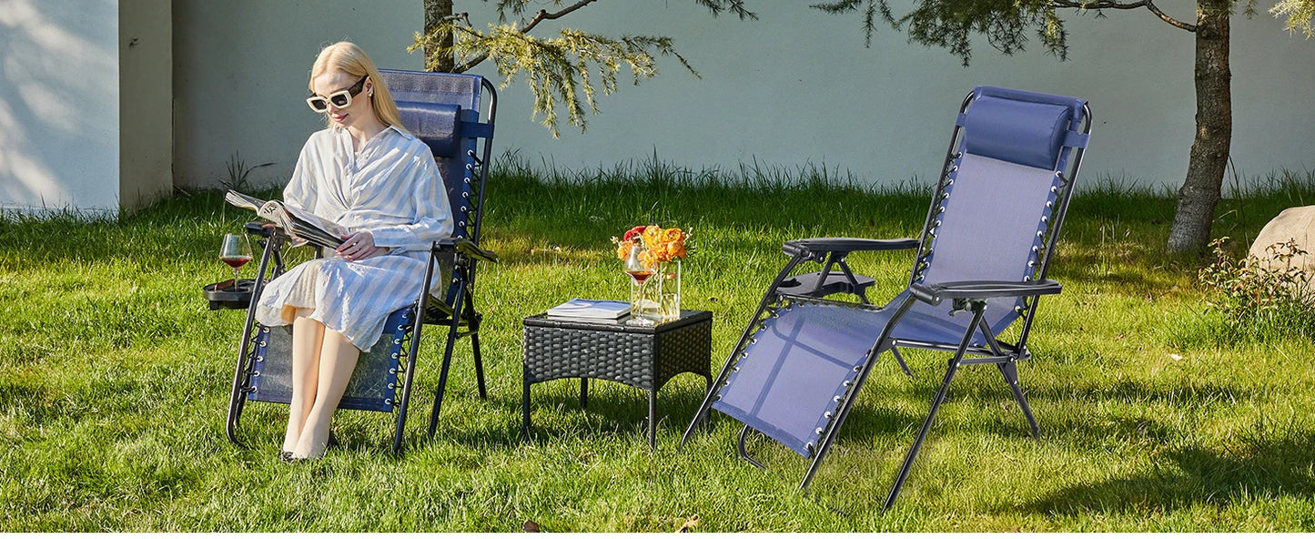 Zero Gravity Set 2 Portable Recliner Camping Patio Outdoor Chair,Cup Holder Trays Adjustable Pillow