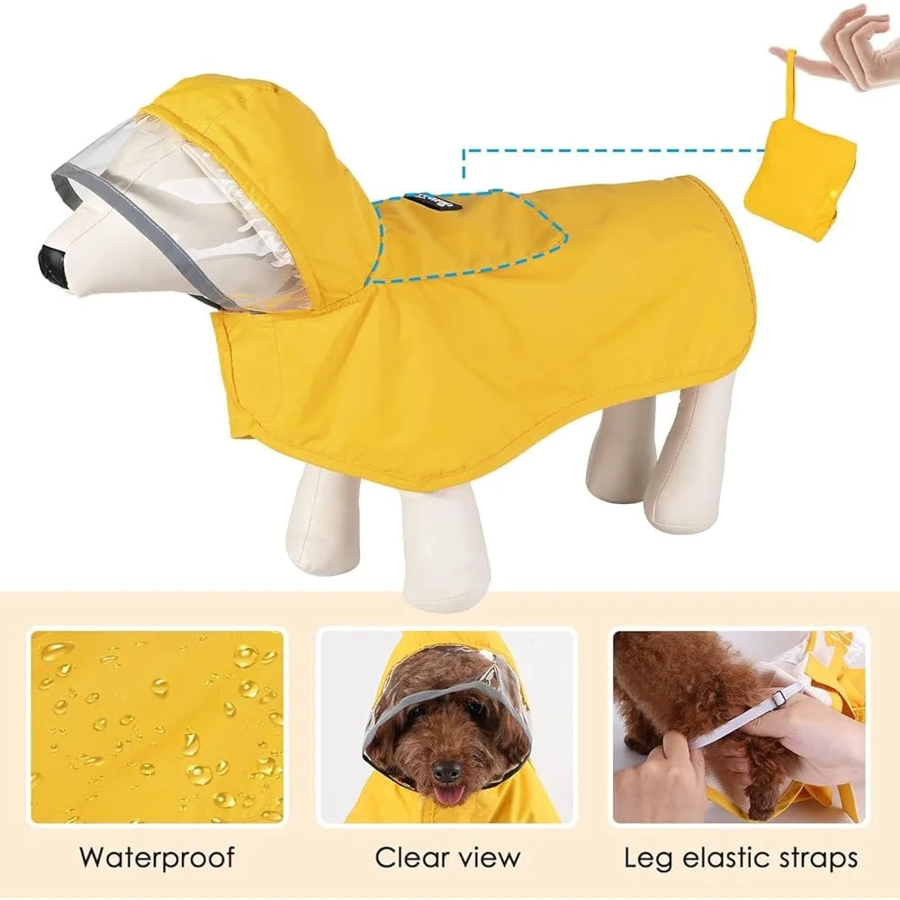 Dog Raincoat Adjustable Waterproof, Transparent Hood Reflective Straps Small Medium Rain Gear