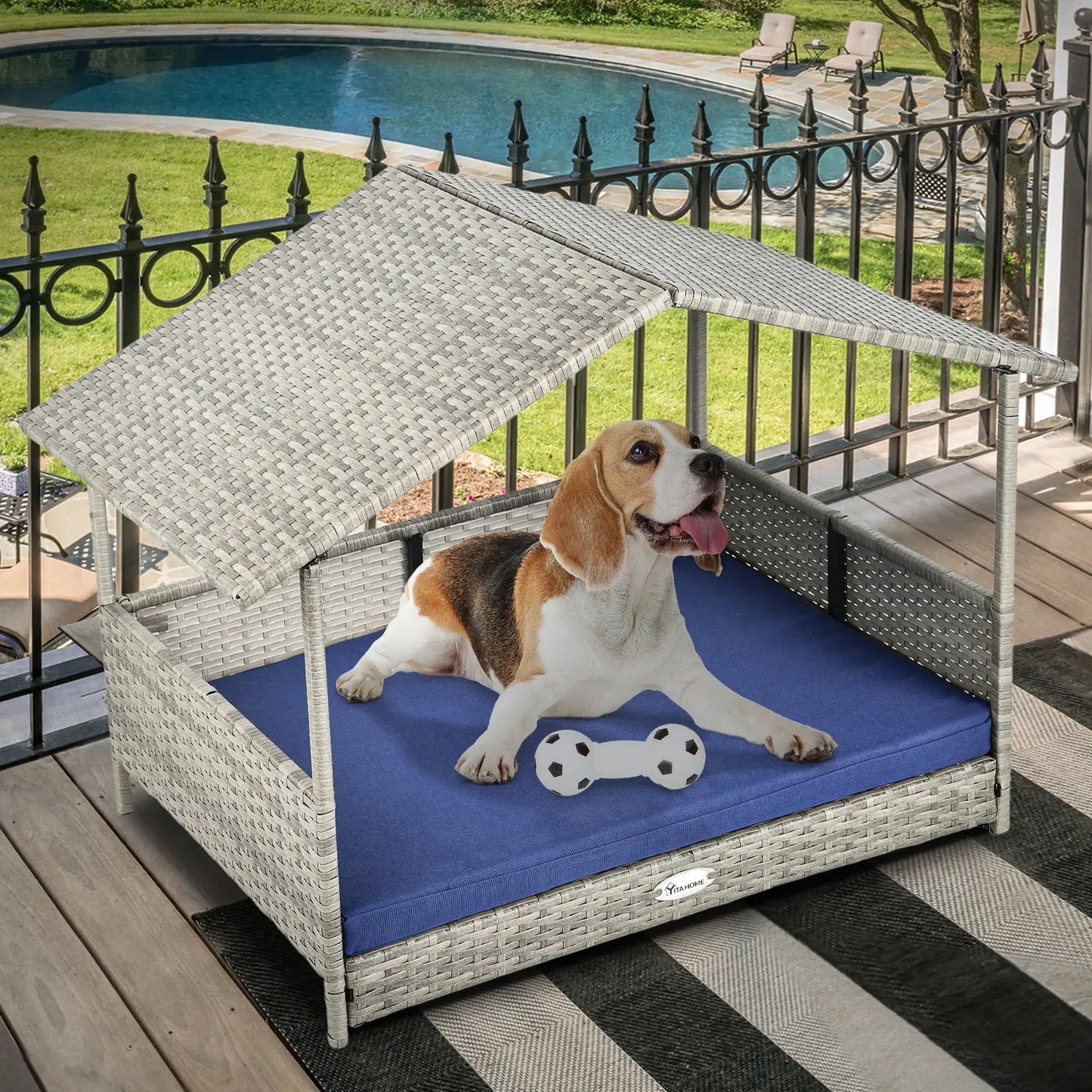 32.9in Outdoor Rattan Doghouse, Canopy, Elevated Water-Resistant, Blue Cushion for Small, Medium,