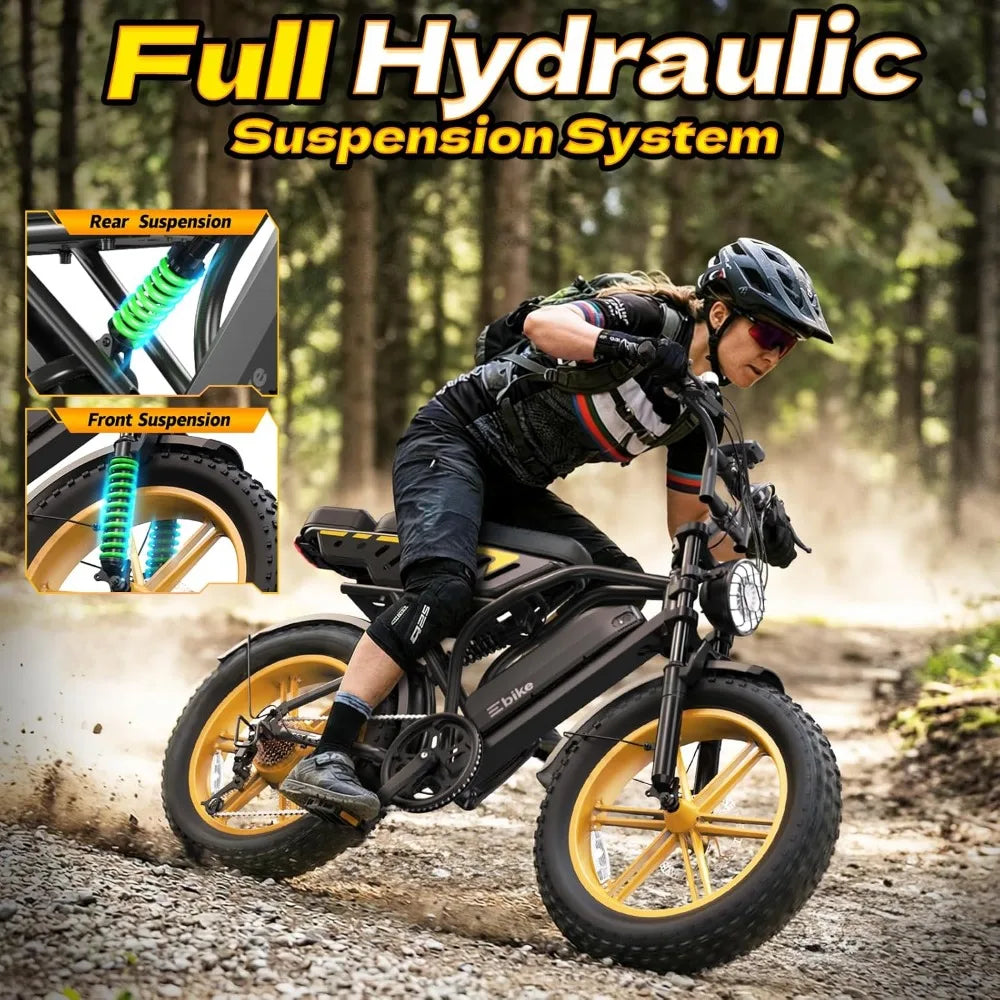 E-Bike Adults 1500W Peak 20" Fat Tire All-Terrain 60/130 Miles 28 MPH Dirt Bike - 48V 15/30 AH