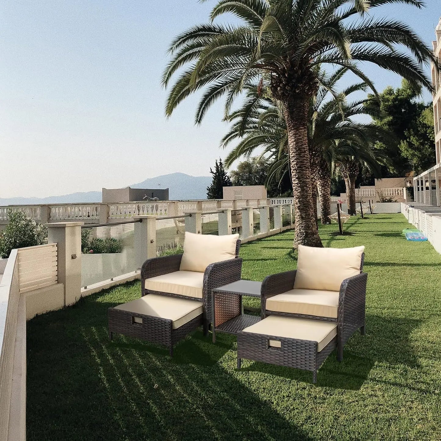 Balcony Furniture 5 Piece Patio Conversation Set, PE Wicker Rattan .Soft Cushions 2, Customized