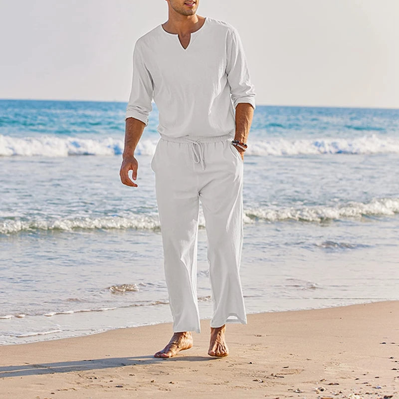 Cotton Linen Solid Color Long Sleeve Henley Shirt Elastic Waist Drawstring 2 Pieces Loungewear Set