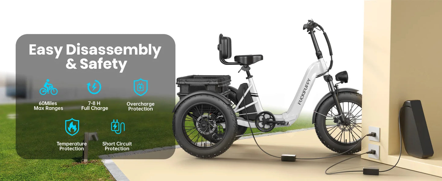 Husky Electric Trike, Adult 960W Peak Motor 60 Miles Range, 500 Lbs Load E-Trike 2-Year Warranty