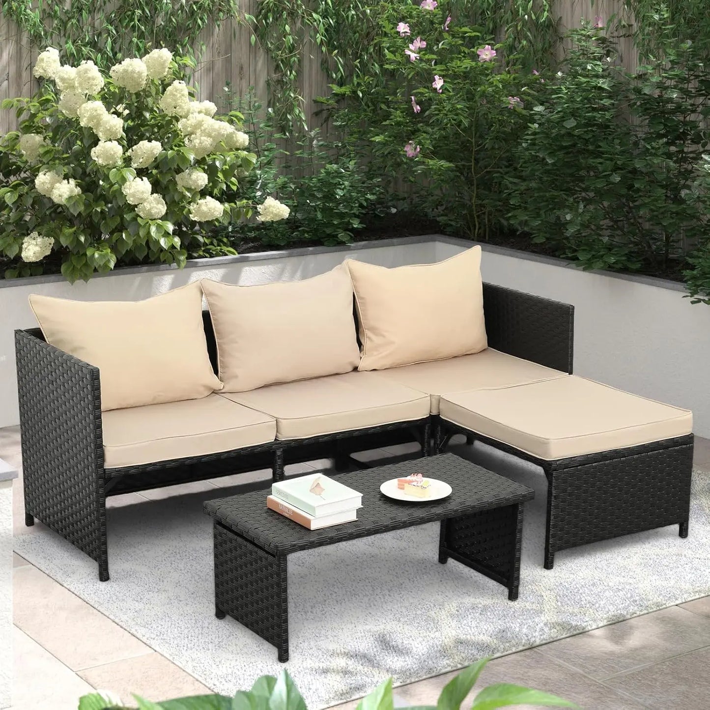 3-Piece Outdoor PE Rattan Furniture Set Black Wicker Loveseat Sofa Sectional Couch Khaki Cushions