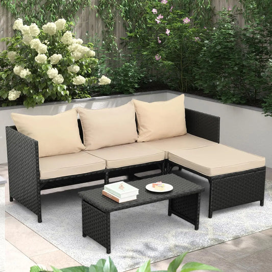 3-Piece Outdoor PE Rattan Furniture Set Black Wicker Loveseat Sofa Sectional Couch Khaki Cushions