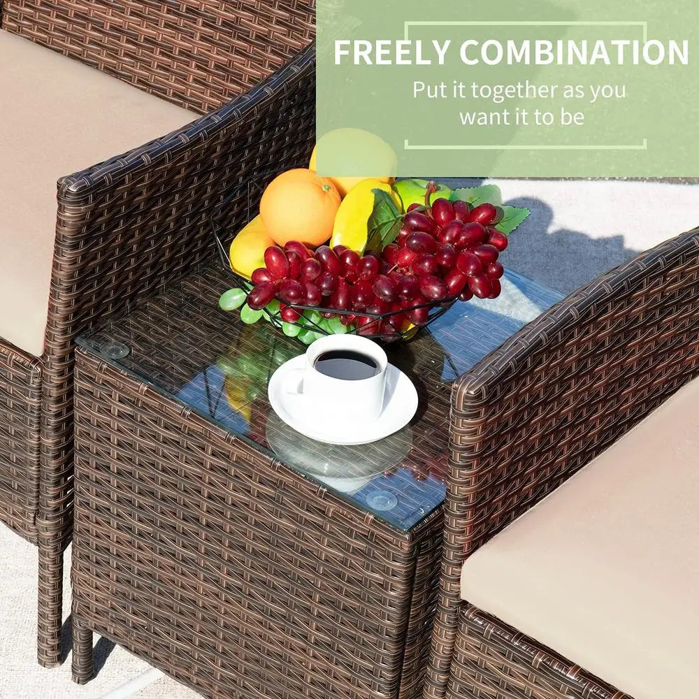 3-Piece Outdoor PE Rattan Patio Furniture Set with Cushions and Glass Coffee Table, Brown & Beige