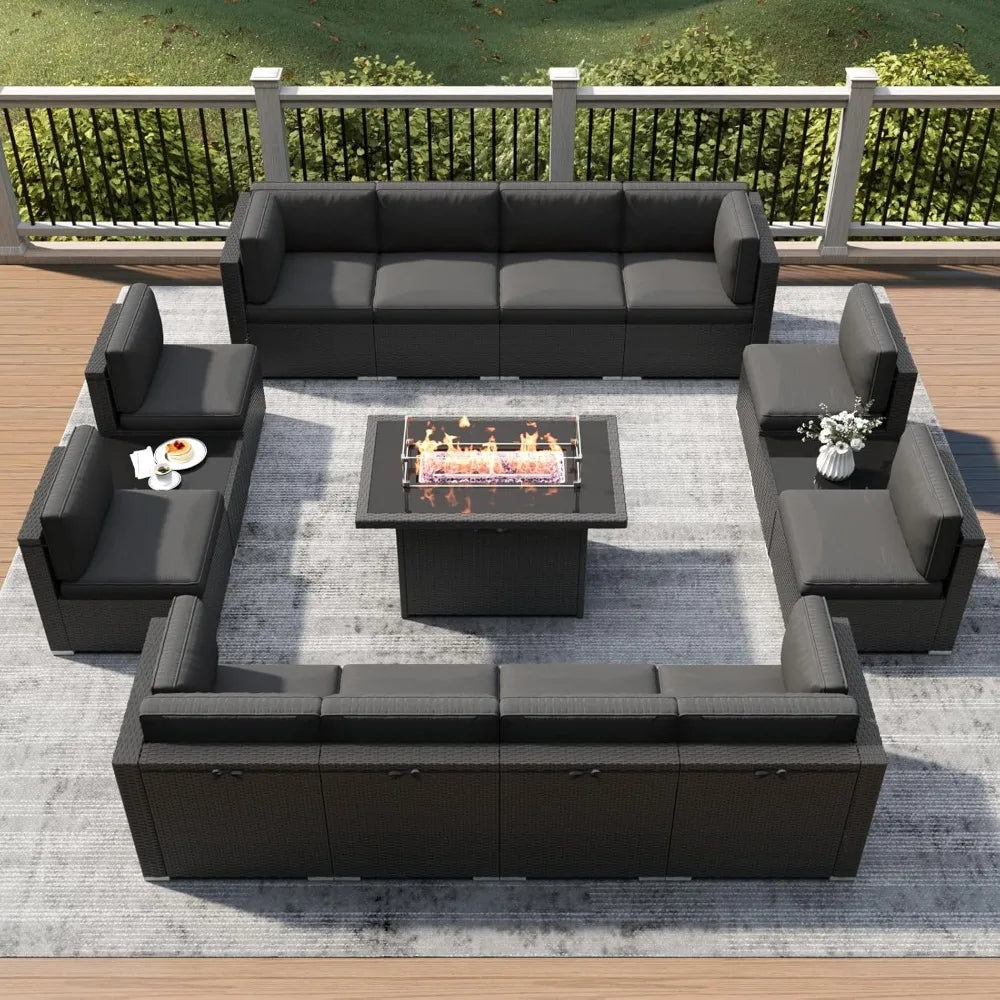 15 Piece Patio Furniture Set, Fire Pit Table, Wicker Rattan Sectional Sofa with Coffee Table